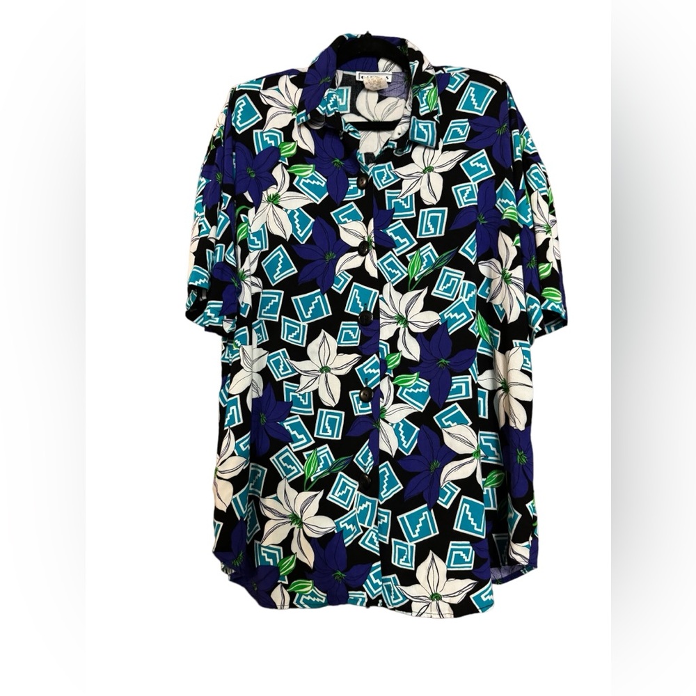 Vintage Cabrais Hawaiian Floral Short Sleeve Button Down Top Sz 14